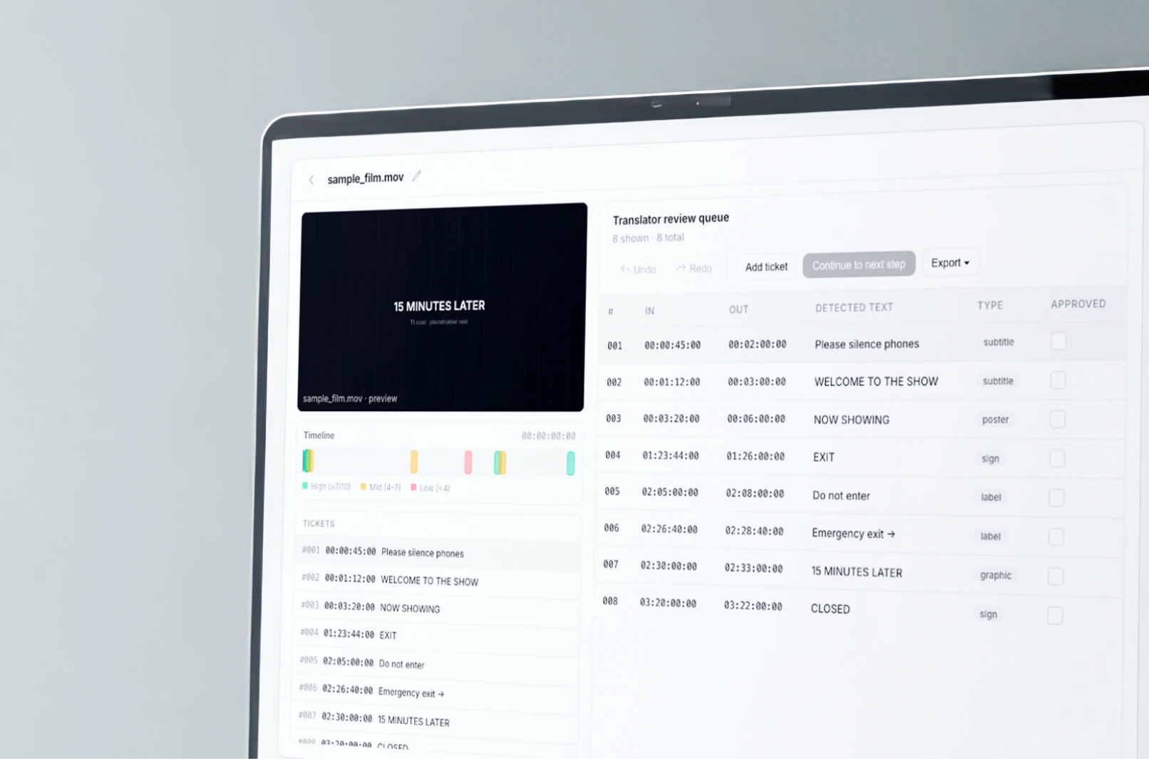 tlocal interface showing on-screen text extracted across the timeline